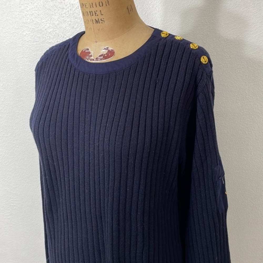 Cricket Lane Collection gold anchor button sholder, navy cable knit sweater